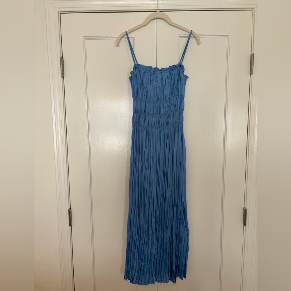 H&M Blue Smoked Pleated Midi Dress Romantic